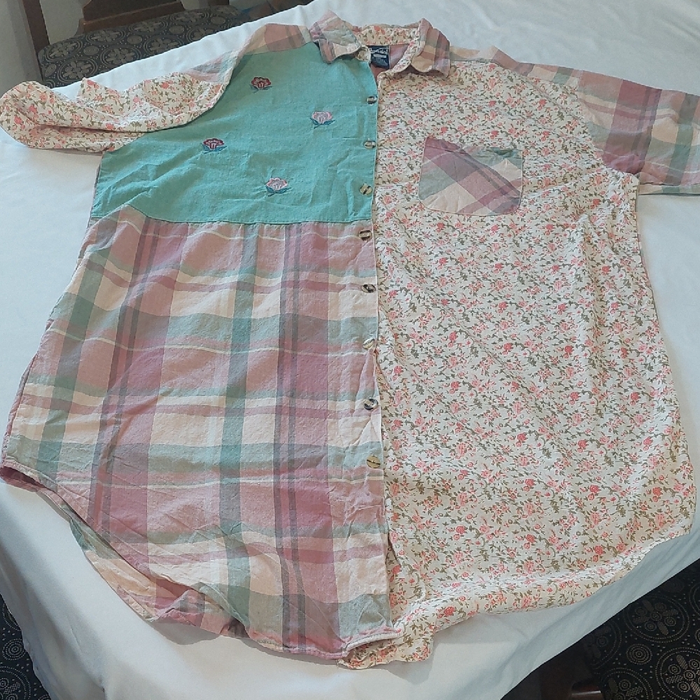 Chandni Vintage Floral and Plaid Patchwork Shirt Dress.Vintage